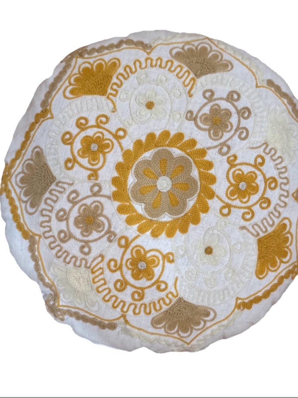 Boho Embroidered Throw Pillow 14” Cream Mustard Pom Pom Trim Floral Medallion